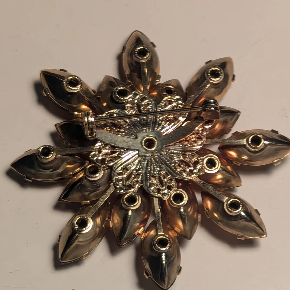 Vintage Brooch Goldtone Amber Pin Brown Floral 2.25